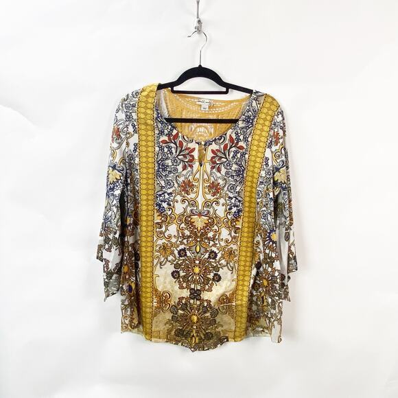 World Unity XXL Plus Womens Yellow Boho  Print Multicolor Bell Sleeve Top - Picture 1 of 8
